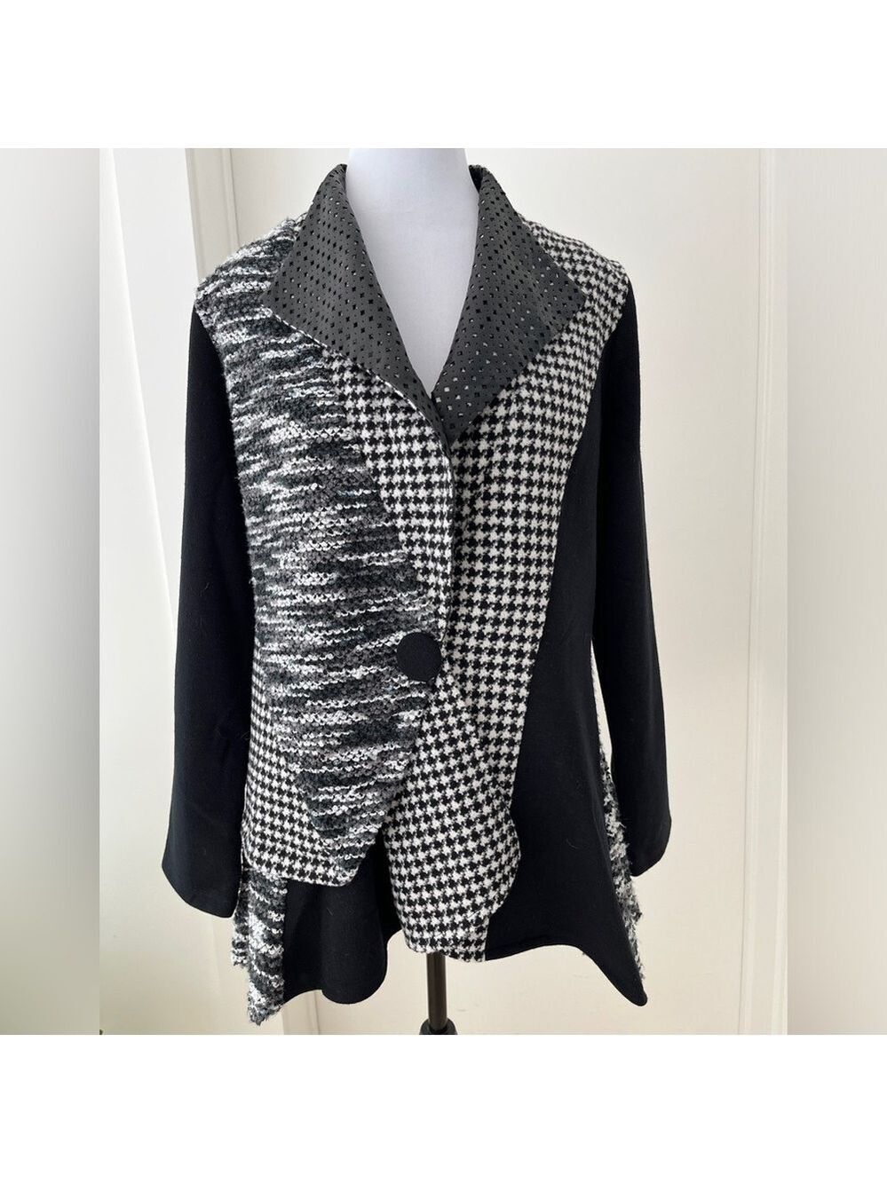 MINKAS Blazer Jacket Houndstooth Knit Faux Leather Lapel Patchwork Trapeze Cut